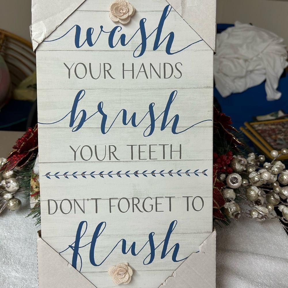 Wooden Bathroom Wall Sign - 'Wash Brush Flush' in Blue and Gray